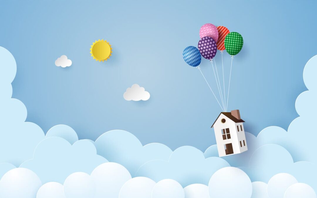 a house floating in the sky beneath balloons