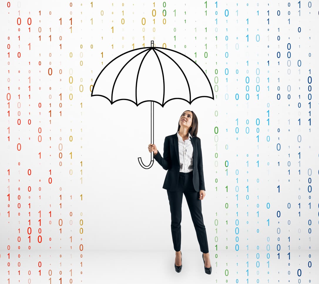 businesswoman shielding herself from falling code using an umbrella