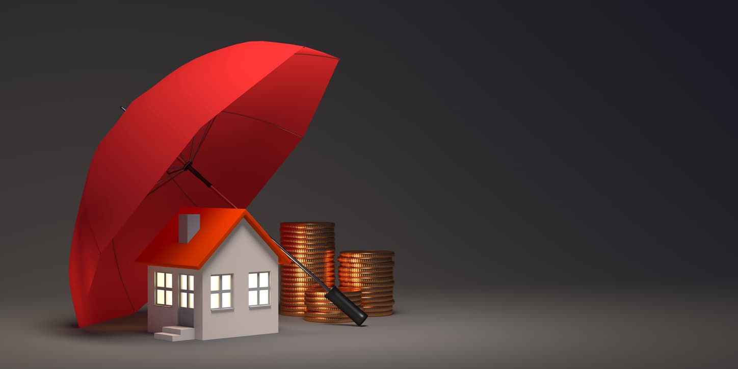 red umbrella covering a house and coins