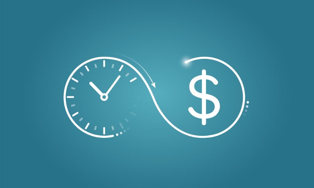 A white graphic of a clock flowing into a dollar sign against a blue background