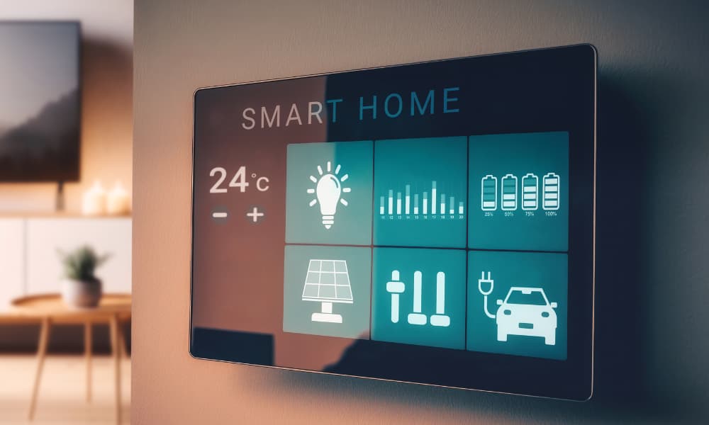 Close-up of a smart home control screen on an interior wall.